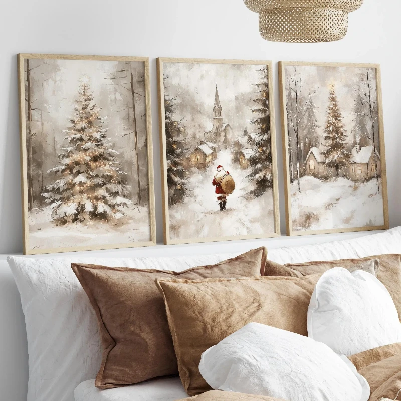 3PC Vintage Christmas Prints Christmas Printables Winter Landscape Art, Santa Painting Holiday Decor Gallery Wall Set Gift