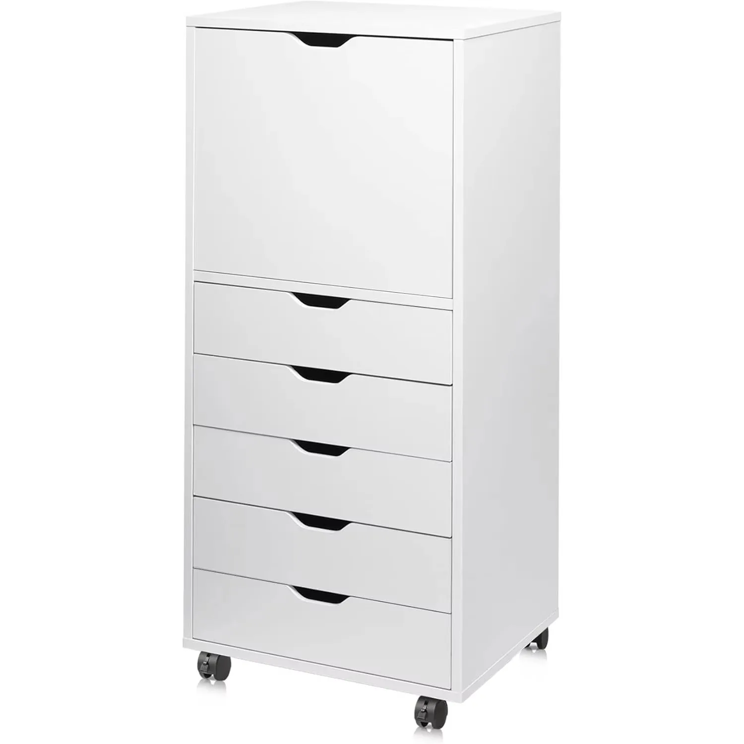 5-Drawer Wood Dresser with Top Cabinet Storage, Mobile Chest of Drawers, Wide Storage Space for Home Office, White