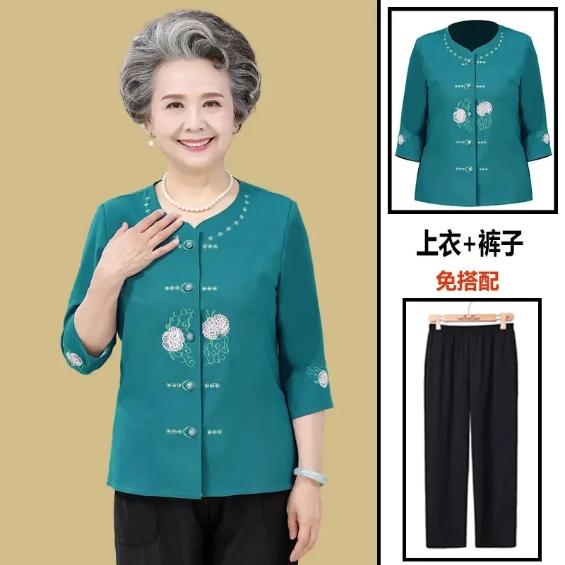 2PCS Spring Summer New Elderly People Cardigan Blouse Coat 3/4 Sleeve Embroidery Shirt Middle Age Women Top And Pant Sets 5XL