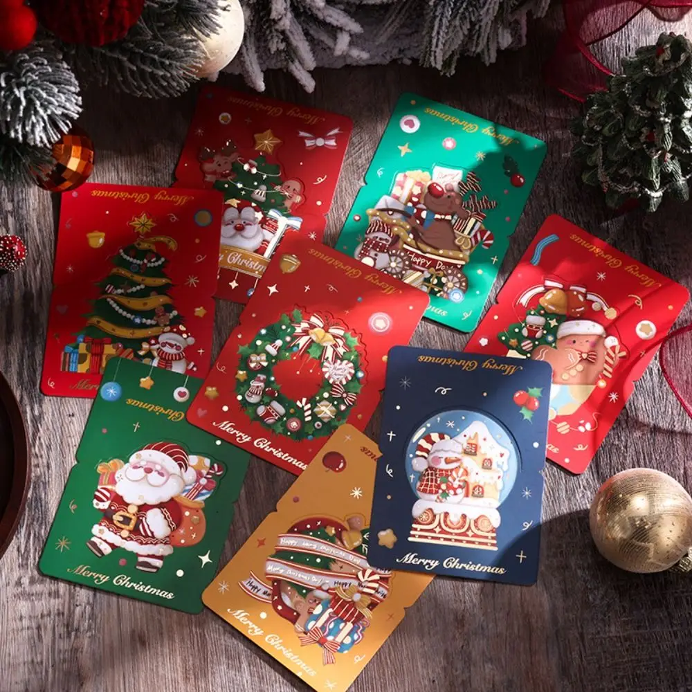 Hot Retro Merry Christmas Cards Santa Xmas Supply Wreath Greeting Cards Gold Foil Gift Wrap Holiday Family Cards For Winter