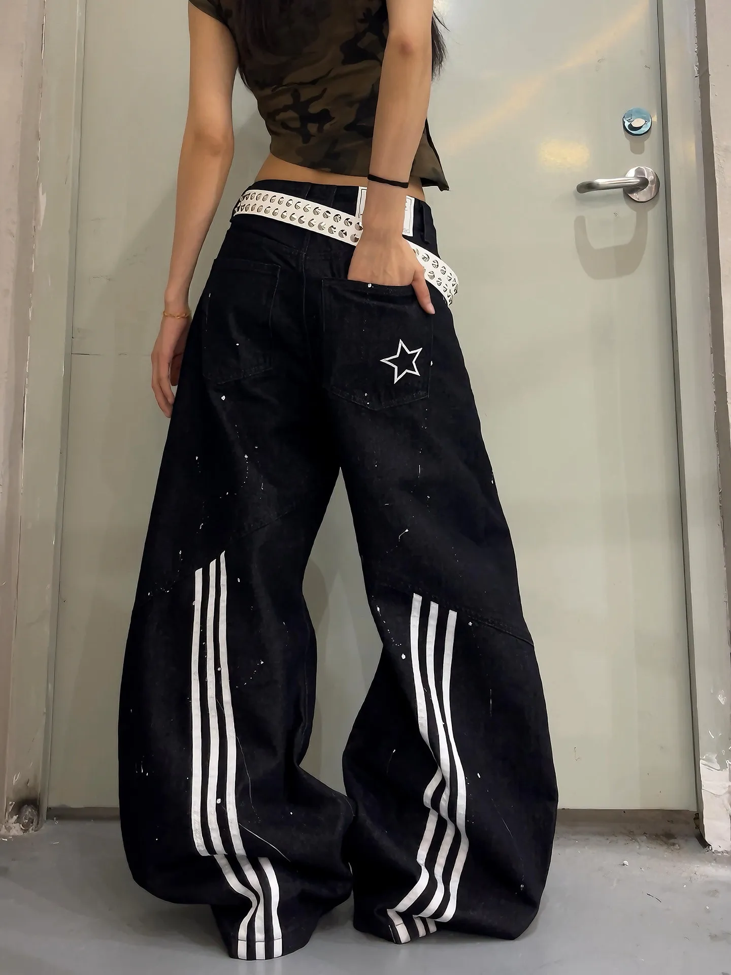 Calças Jeans Unissex de Perna Larga com Design Retrô Americano High Street, Estrela Desconstruída, Listradas e com Efeito de ...