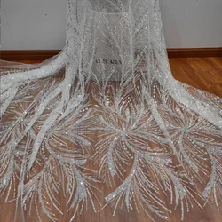 High quality Silver Beaded Sequined Chain Soft Lace Wedding Dress Women's Mesh Dress Lace Fabric