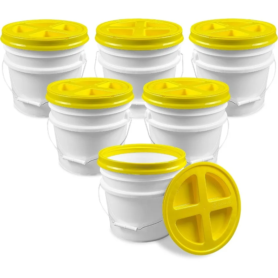 دلو أبيض سعة 3.5 جالون مع برغي جاما أصفر على الغطاء (عبوة من 6 قطع)، تخزين للطعام، بلاستيك HPDE ممتاز، خالي من مادة BPA، متين #1