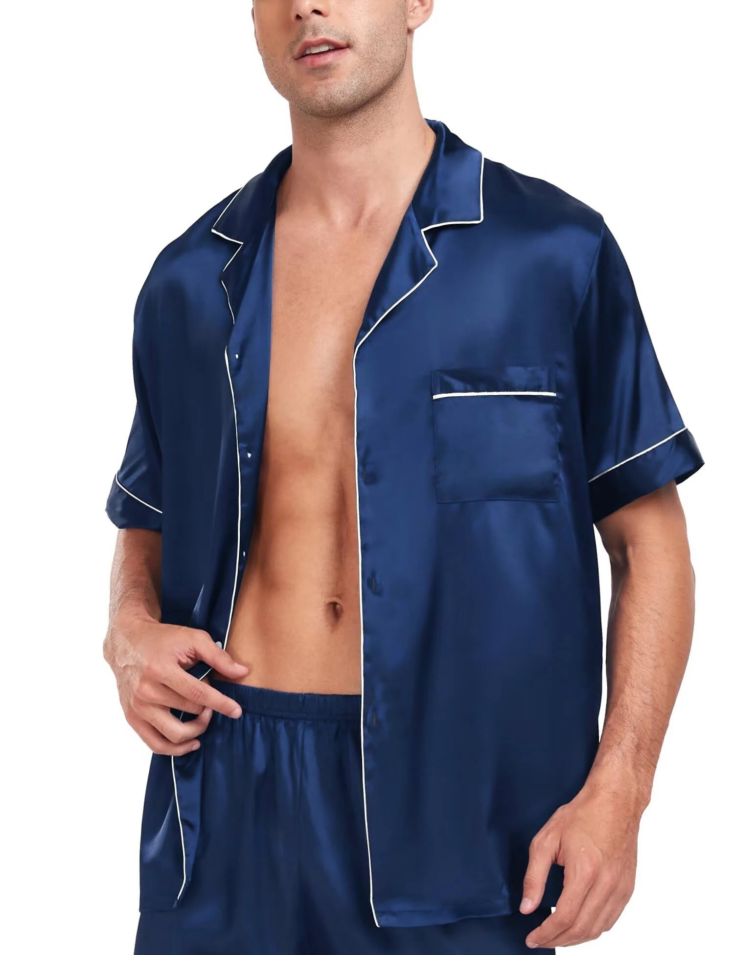 2-teiliges Pyjama-Set aus seidigem Satin für Herren, kurzärmeliges Hemd mit Revers, Brusttasche und Shorts, glatte Haptik, weiche Nachtwäsche, gemütliche Nachthemden – Detail 11