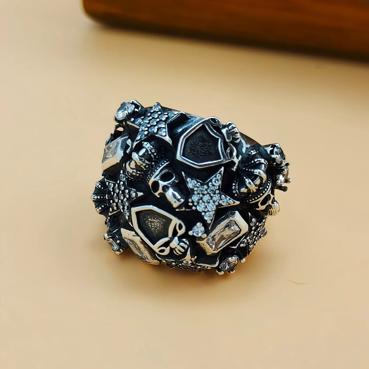 s925 sterling silver heavy industry skull pentagram zircon open ring men's and women's vintage punk style hip hop cool ring