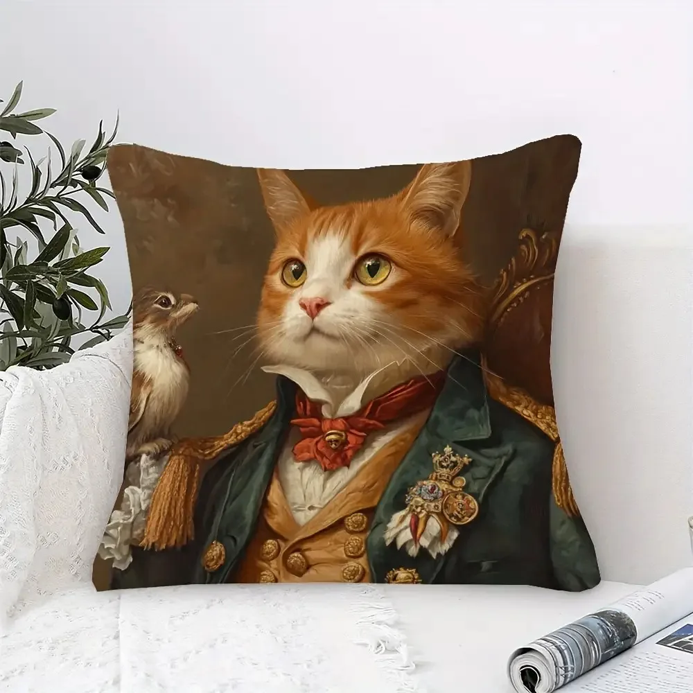 1pc Funny Cat Living Room Pillow Cover, Polyester 2D Double-Sided Print, Regal Victorian Cat Cushion, Cat Enthusiast Home Gift