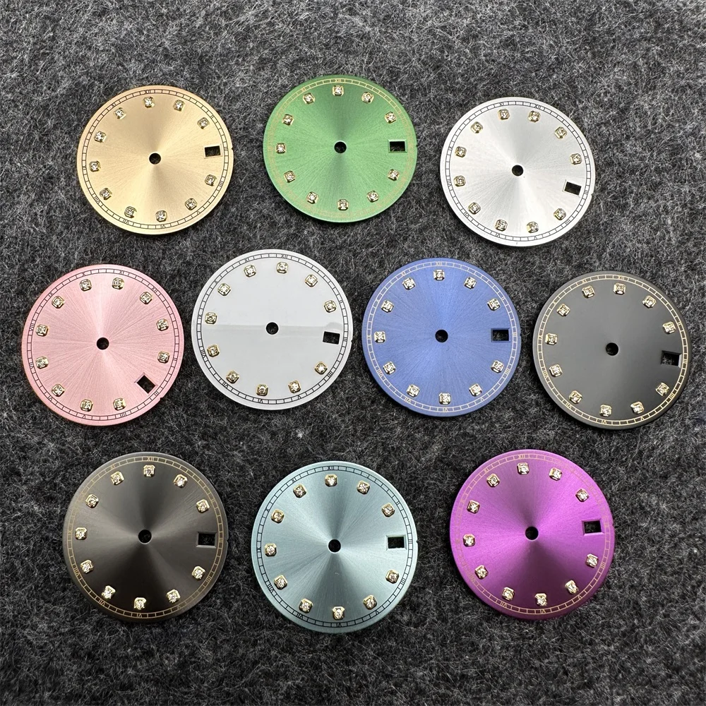 28.5mm Watch Discs with Diamonds and Gold Rims Sunburst Watch Faces Retrofit Accessories for NH35/ NH36 Automatic Movements