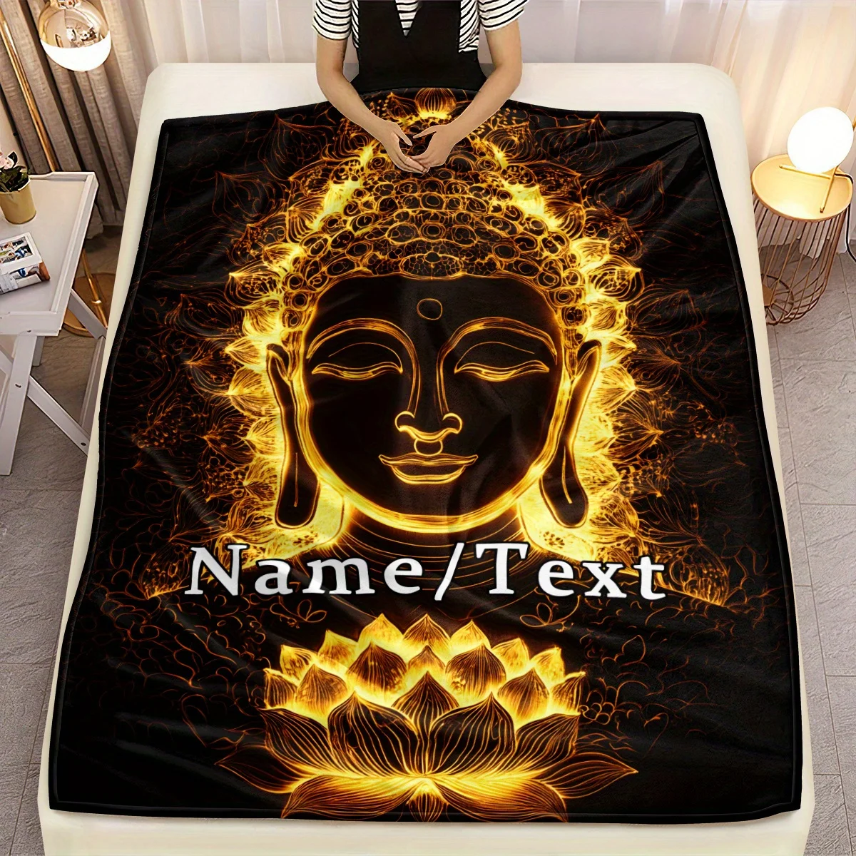 اسم مخصص حالمة الذهب بوذا بطانية خفيفة الوزن الفانيلا الفراش المنزلي مع تصميم لوتس لينة ودافئة الرقمية المطبوعة