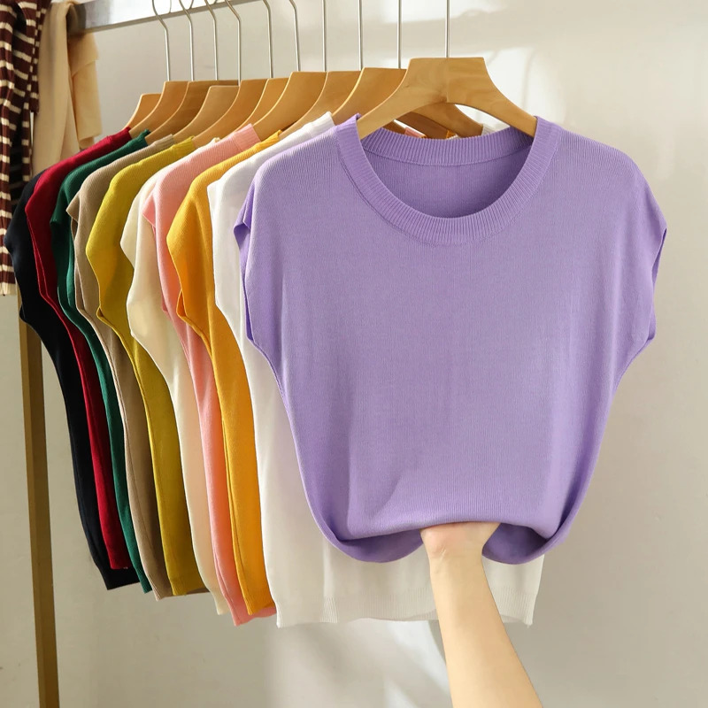 

Sweaters Knitted Sweater Women Pullovers Fashion Black Short Sleeve O-Neck Knit Sweater Pullover Women Tops Women Clothing Q3402