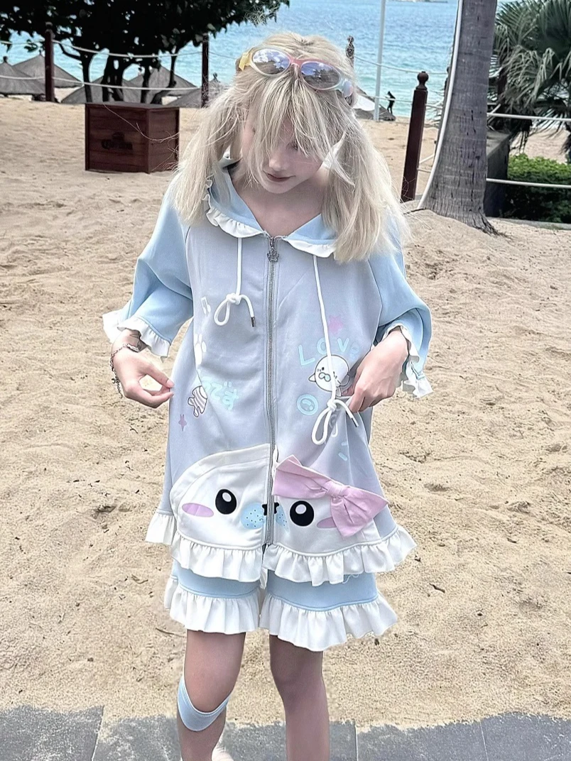

Summer Casual Cute Short-sleeved Shorts Sets Kawaii Two-dimensional Cartoon Print Oversized Hooded Jacket Splicing Color Outfits
