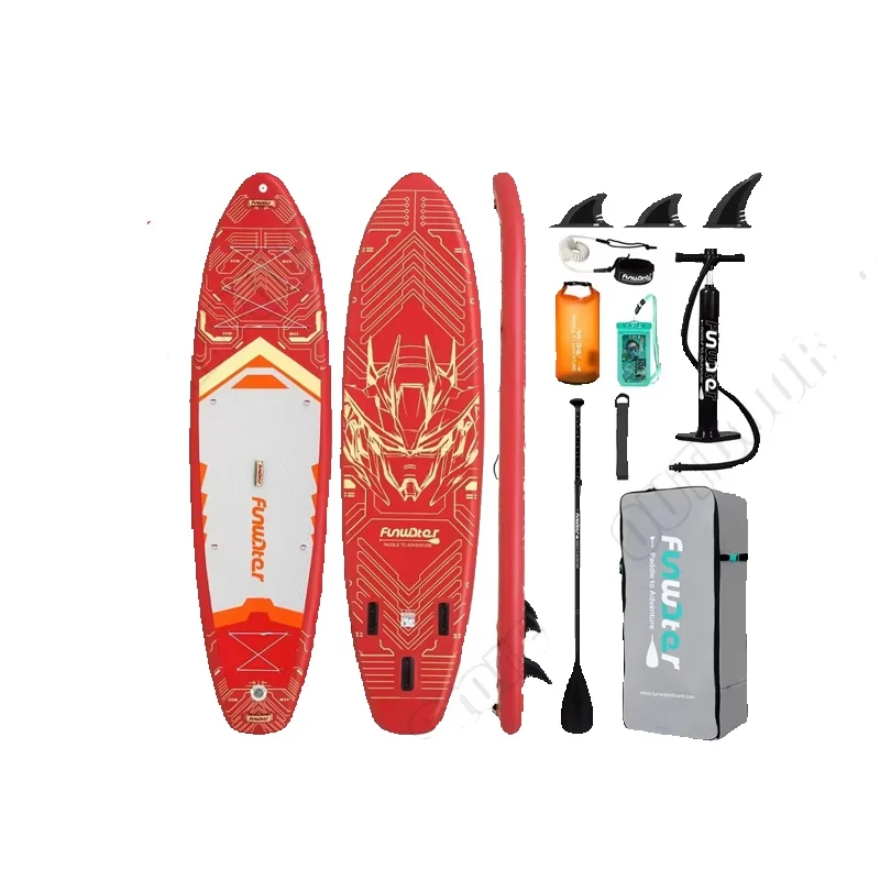 Das aufblasbare Stand-Up-Paddleboard von Funwater misst 350*90*15 cm und verfügt über ein rutschfestes EVA-Pad für verbesserte Stabilität. Alle Zubehörteile sind enthalten. Es ist für alle