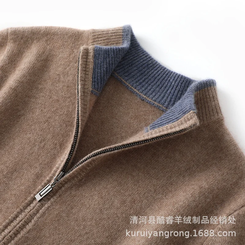 

Autumn Winter New 100% Pure Cashmere Sweater Men's Half High Neck Knitted Zippered Cardigan Solid Wool Top Coat