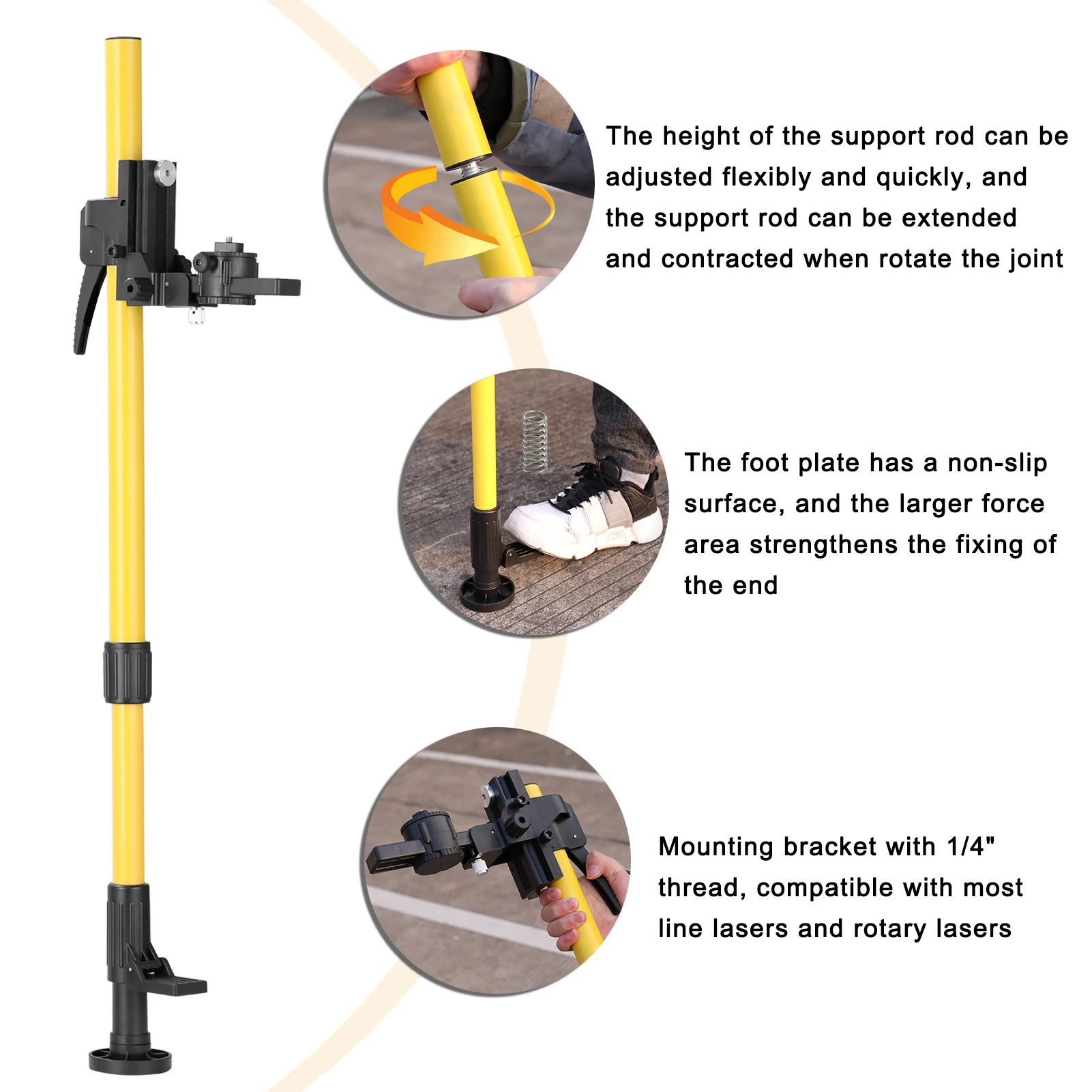 Max4.2M Telescopic Pole for Line Leveler Aluminum Alloy Adjustable Lift Extend Bracket Holder Stand for 1/4''& 5/8'' Laser Level