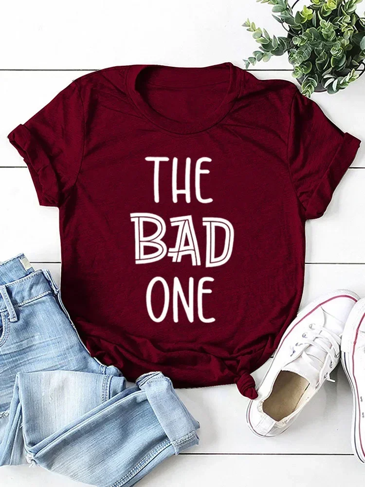 

THE BAD ONE Letter Print Women T Shirt Short Sleeve O Neck Loose Women Tshirt Ladies Tee Shirt Tops Camisetas Mujer