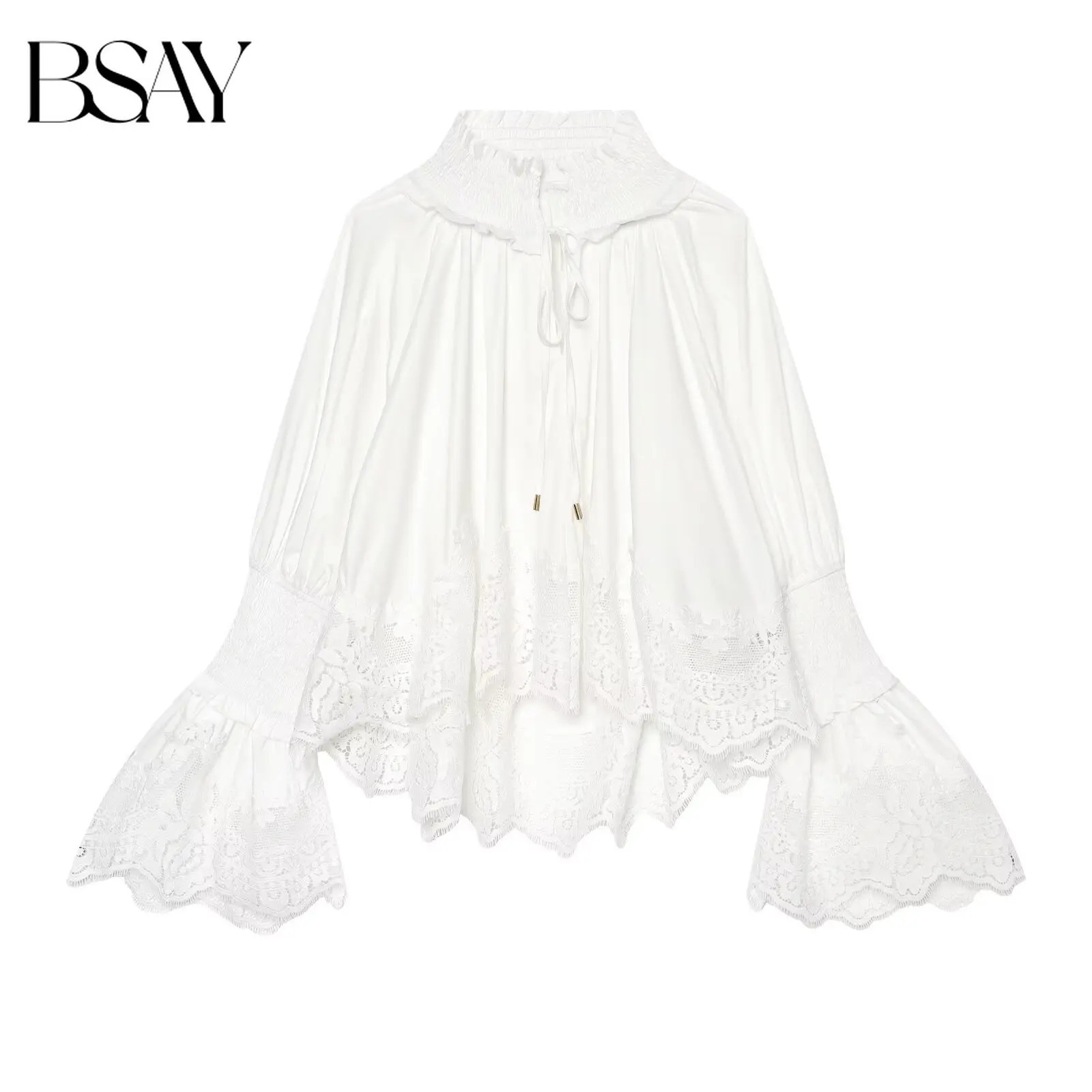 

BSAY Fashionable White Lace Embroidery Blouse Women Ruffle High Neck Drawstring Flared Bell Sleeve Vacation Loose Casual Top
