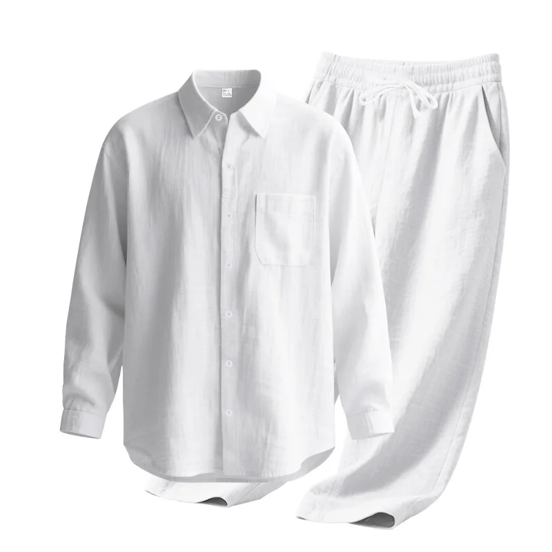 

Мужская осенняя свободная трендовая льняная однотонная простая рубашка с длинными рукавами и лацканами, комплект пляжных брюк