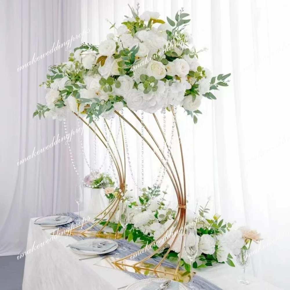 5pcs/10pcs Wedding Table Centerpiece Gold Flowers Stand For Party, Gold Crystal Harp Flower Stand Table Flower Riser Centerpiece