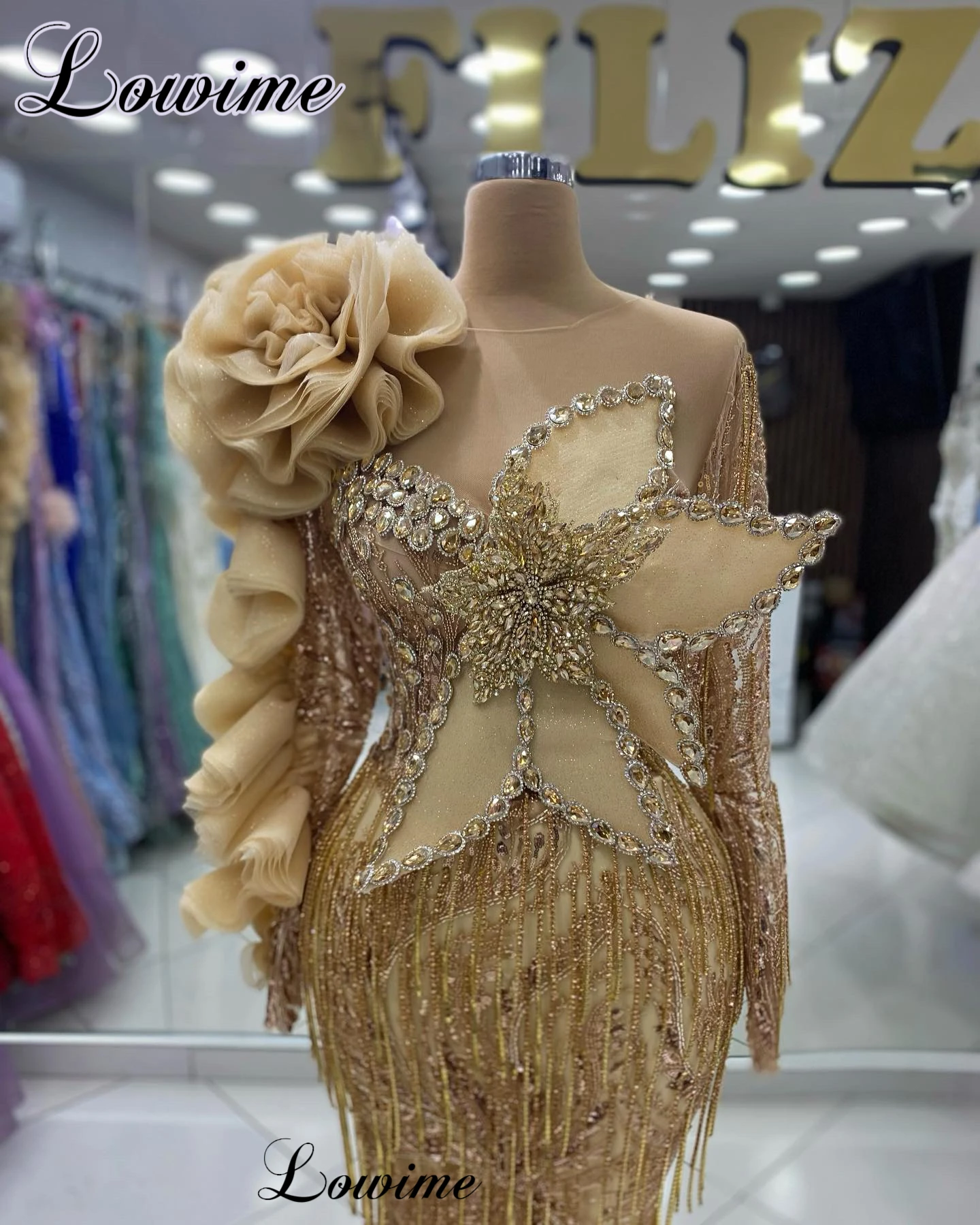 Sheer Neck Gold Beaded Evening Dresses Mermaid Long Sleeves Formal Occasion Dresses Crystals Celebrity Dress Vestidos De Fiesta