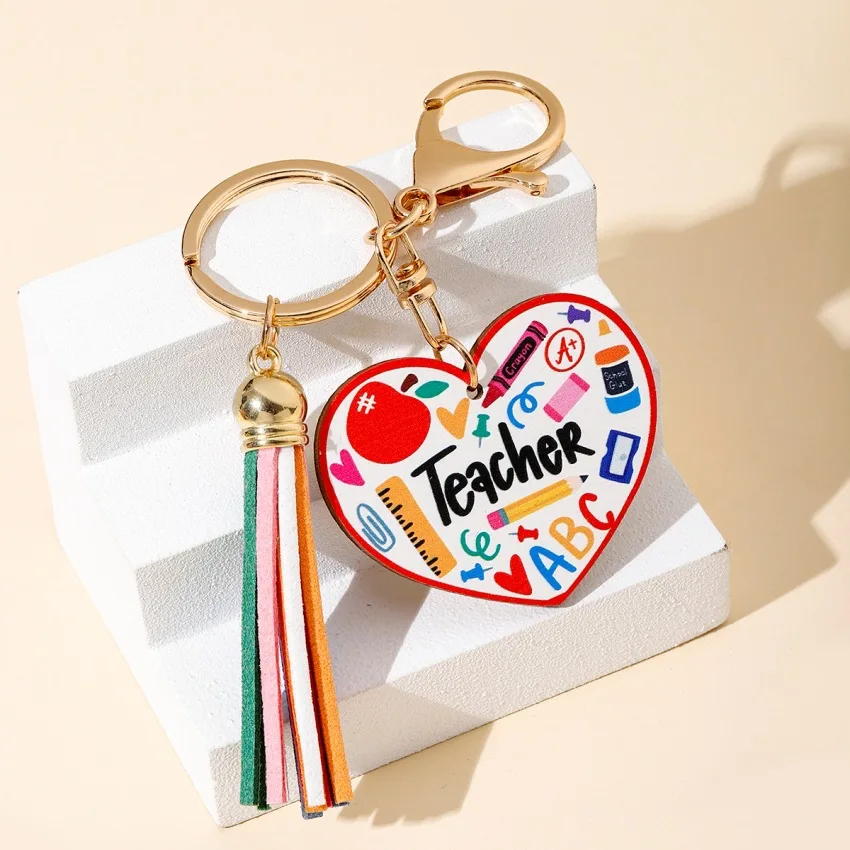Best Selling Rainbow Wooden Plaque Tassels Keychain Creative Love Teacher Day Great Gift Exquisite Souvenir Key Chain Pendant