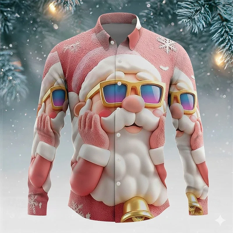 New Christmas men's 3D pattern long sleeved street fashion Santa Claus cartoon smiling face print design casual shirt