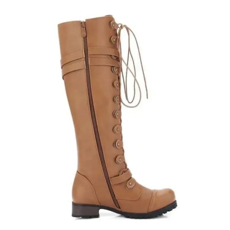 Stivali alti al ginocchio con lacci Sexy stivali moda donna scarpe basse donna stivali floccati in gomma con tacco quadrato Botas fibbia invernale