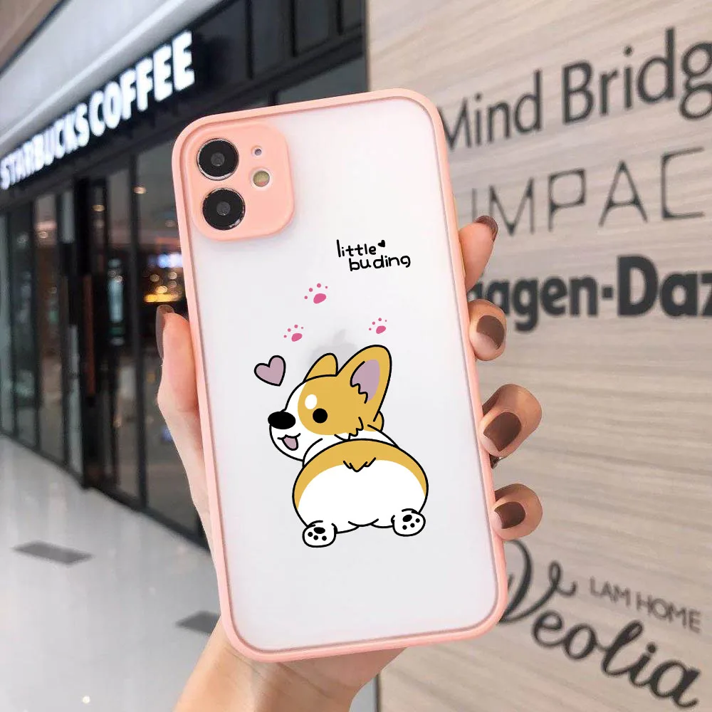 GYKZ Cartoon Dog Corgi Phone Case For iPhone 14 15 13 12 11 Pro XR X XS MAX SE2 8 Plus Pink Love Heart Transparent Matte Coque