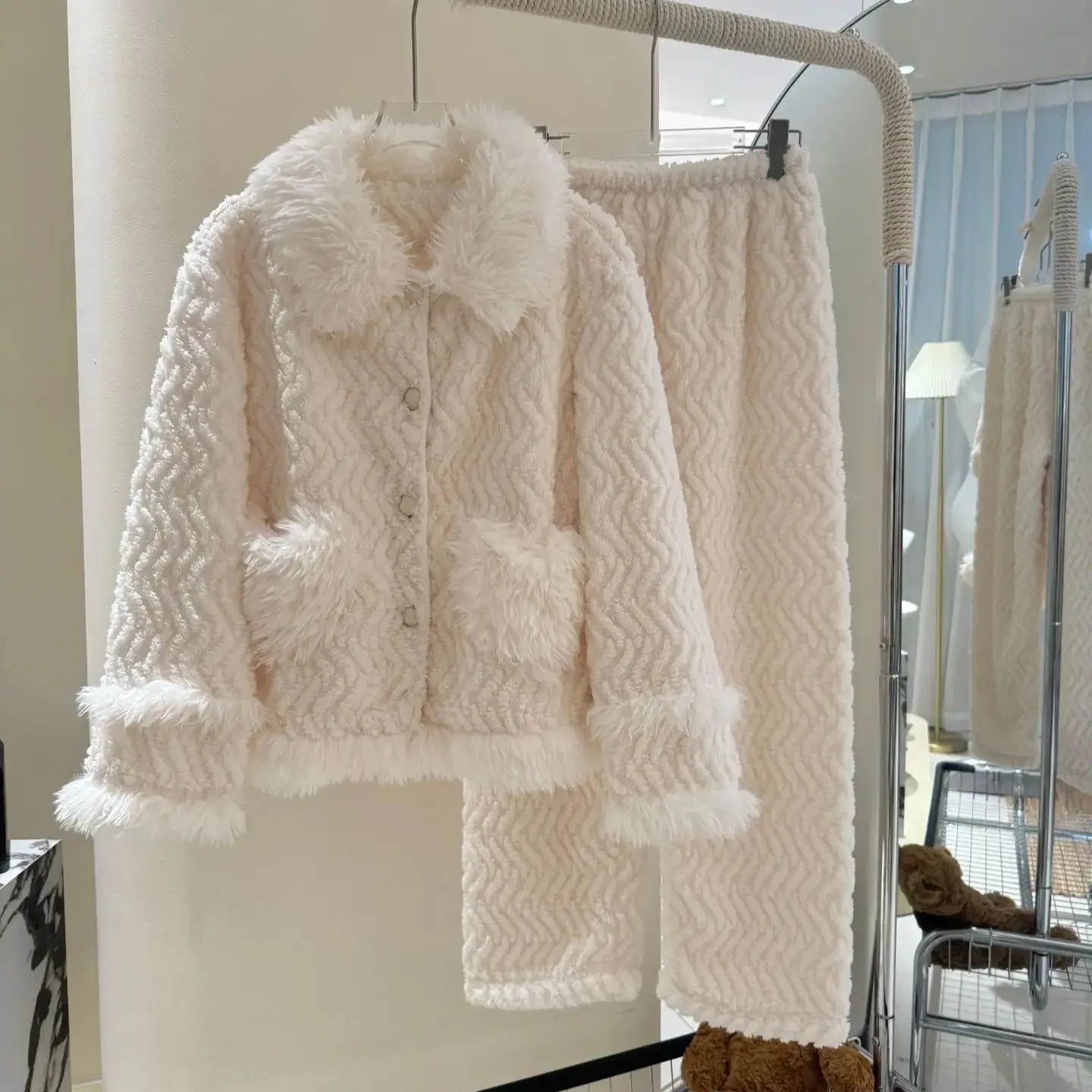 산호 양털 겨울 따뜻한 잠옷 긴 소매 여성 파자마 긴 소매 파자마 세트 바지 세트 홈웨어 홈 슈트