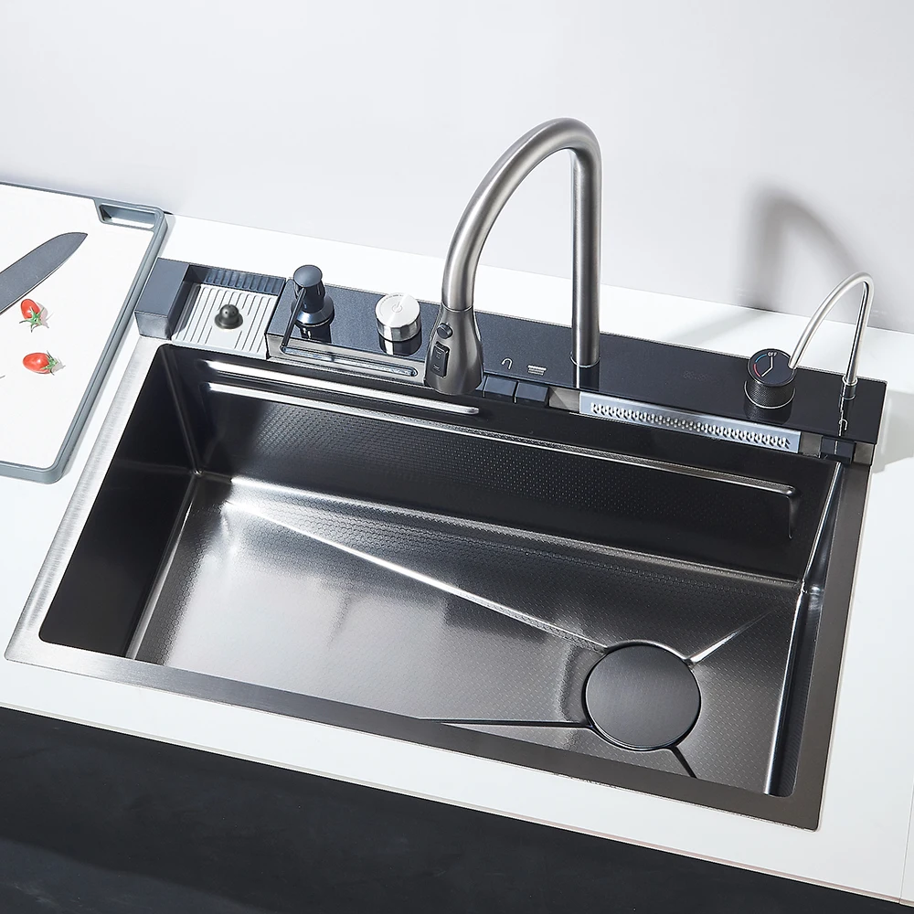 Évier de cuisine cascade en acier inoxydable 304, grand fente unique, ensemble de robinets à affichage numérique intégré, distributeur de savon 75x45cm