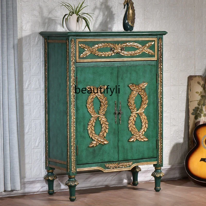

American Country Style Solid Wood Shoe Cabinet Vintage Distressed Two-Door Sideboard Light Luxury Decorative Entryway Cabinet