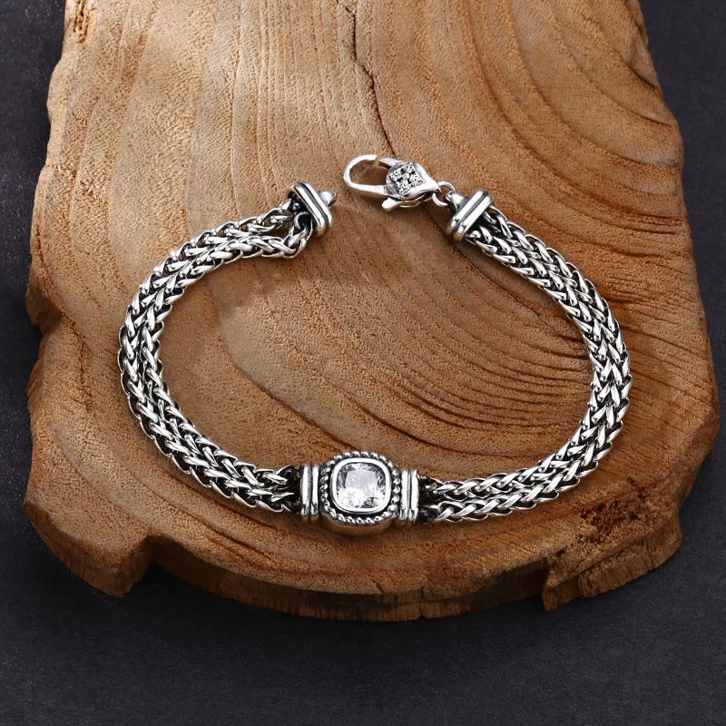 S925 Sterling Silver Weave Bracelet Simple Style Clean Stone 5mm Old Process Hip Hop 18 20CM Fine Jewelry FYBT116