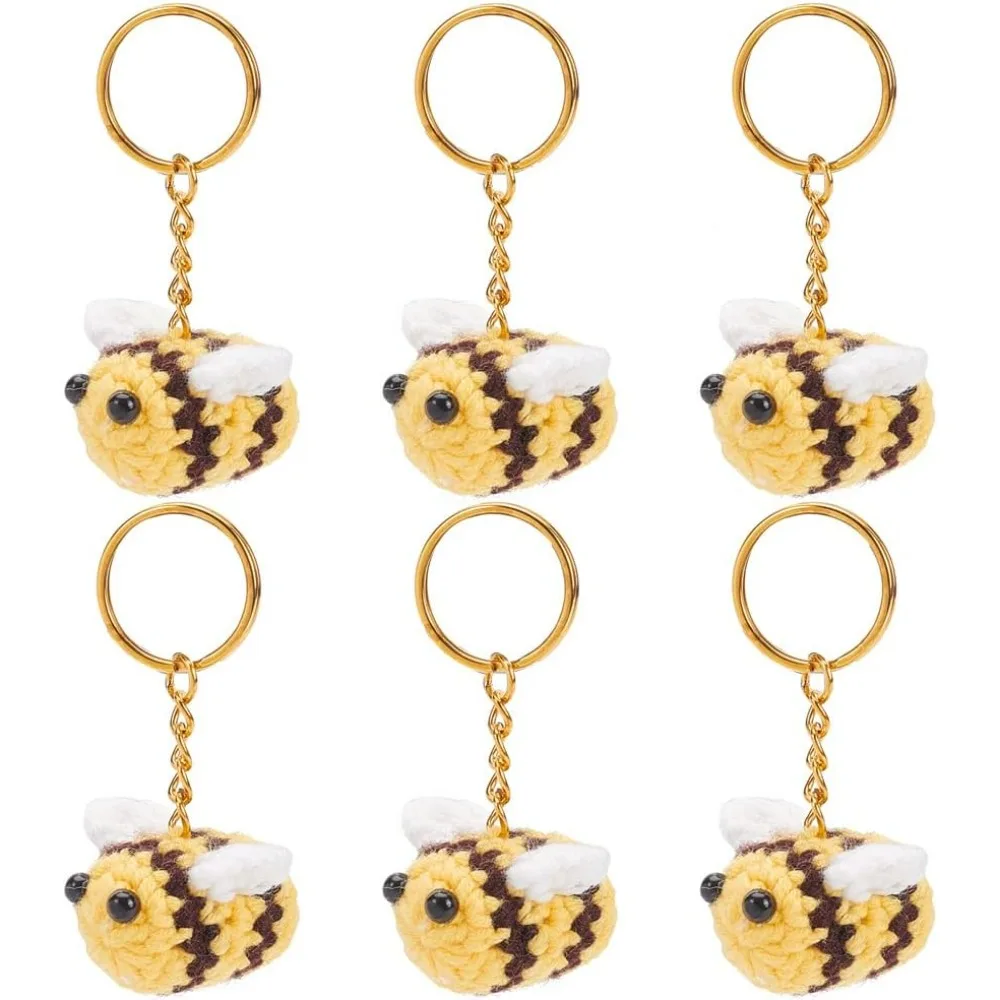 6 Pcs Crochet Bee Keychain Knitting 3D Bumblebee Key Chain Cute Car Keyring Charm Handmade Keychain Accessories Purse Pendant