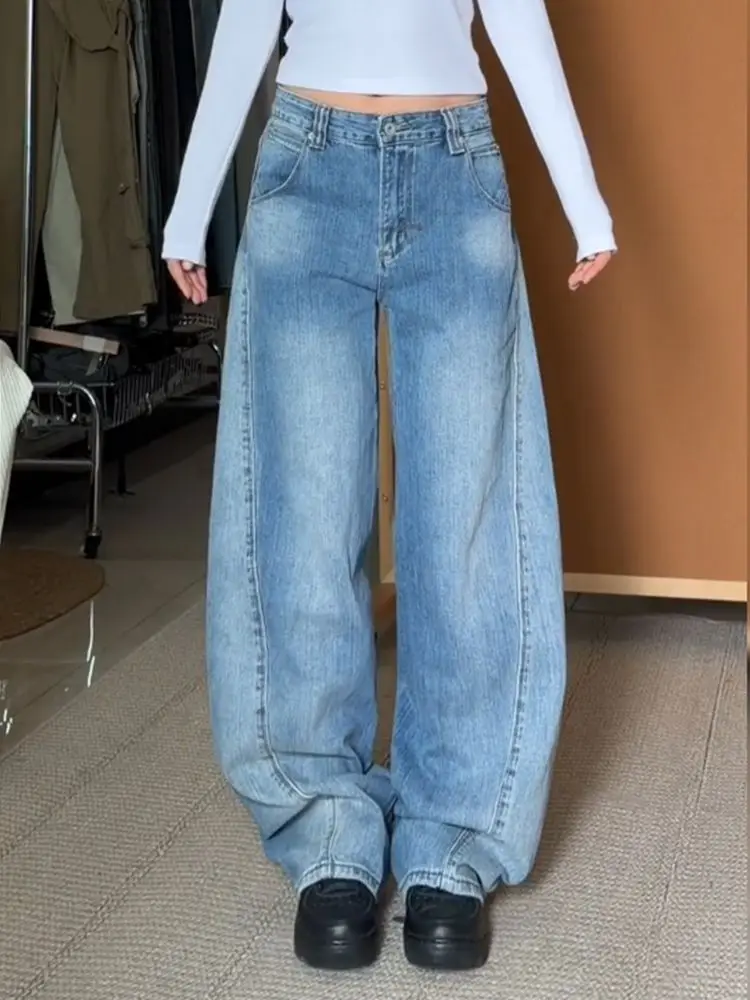 

American style adjustable buckle versatile jeans women in spring new retro washed design sense pocket floor legnth pants