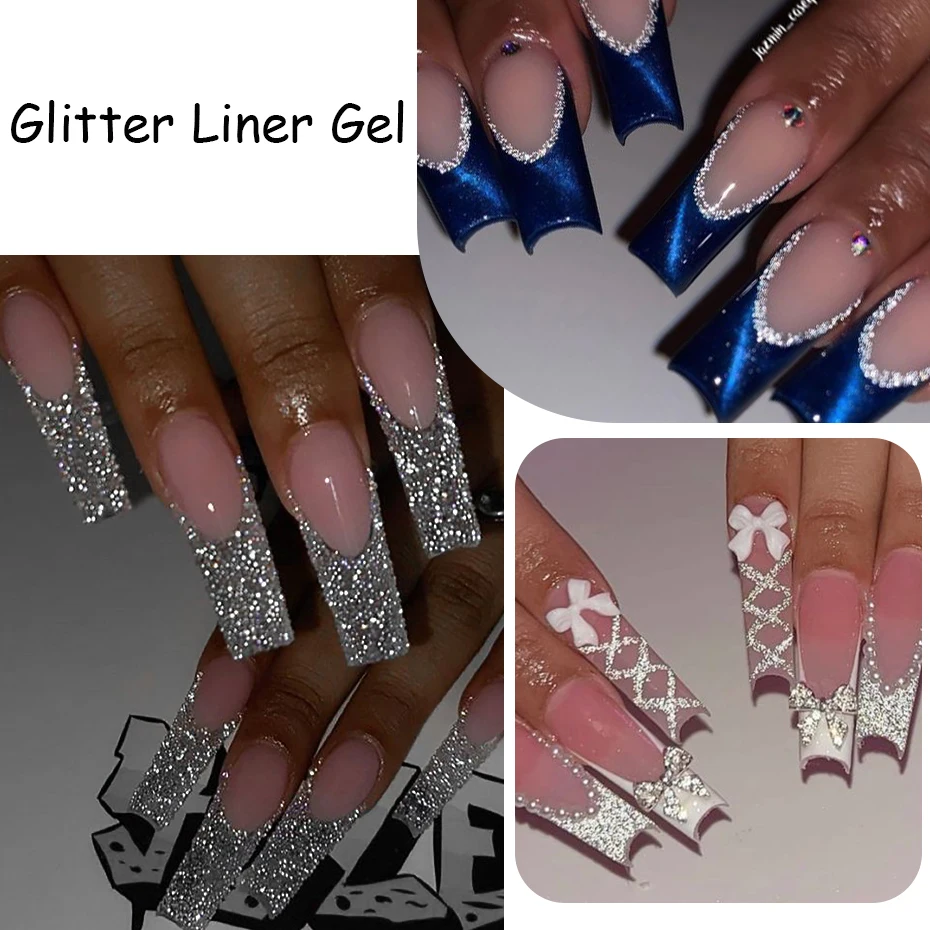 Champagne Gold Silver Glitter Liner Gel Nail Polish Super Bright Sparkling French Line Semi Permanent Nail Painting UV Gel images - 6