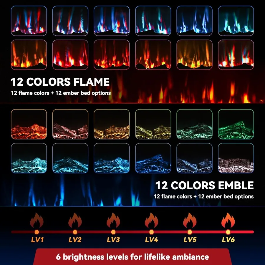 50 inch Electric Fireplace In-Wall Recessed and Wall Mounted with Remote Control 1500/750W Heater 60-99F Thermostat 12 Adjustab