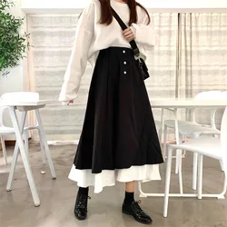 Autumn Women Skirts High Waist Student Korean Style Dark Vintage Patchwork Long A-line Simply Skirt Skirts Women Fashion 2023