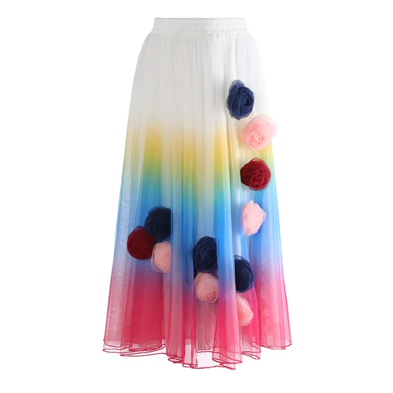 

HUISONG High Elastic Waist Blue 3D Flower Gradual Color Mesh A-line Half-body Skirt Women Fashion New Spring Autumn 2025 dj4z7j