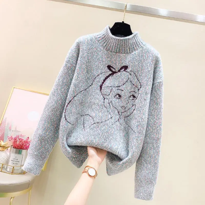 Women Winter Kawaii Cartoon Half High Collar Thick Knitted Sweater Casual Streetwear Long Sleeve Loose Pullover Tops Y2K Jumpers