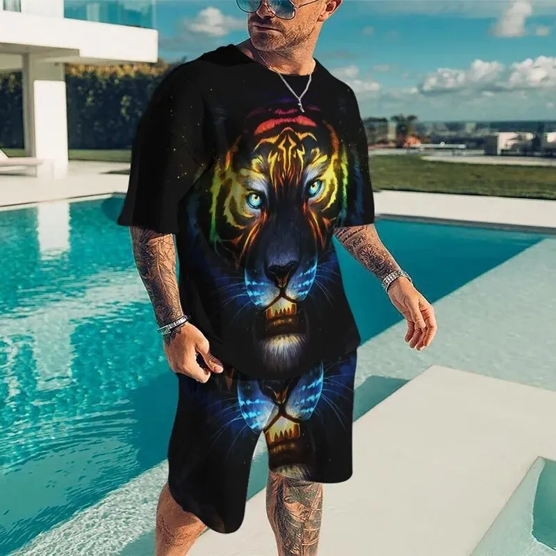 

New Men's Cool Lion Tiger T-shirt Set 3D Animal Series Printed Casual Style T shirts Shorts Suit Summer Fashion Men's Clothing