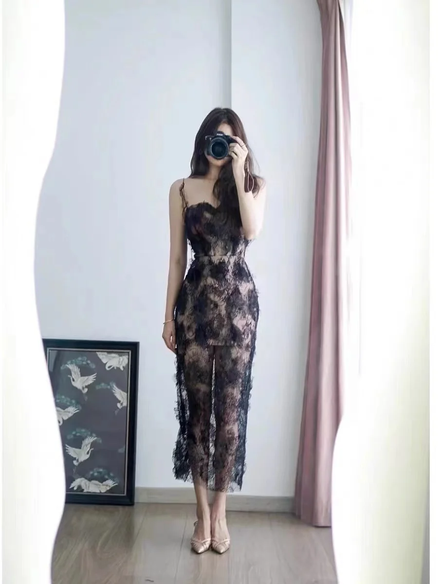 

3D Petals Black Perspective Luxury Summer Sexy Camisole Long Dress Women Elegant Sleeveless Evening Party Vestidos G573