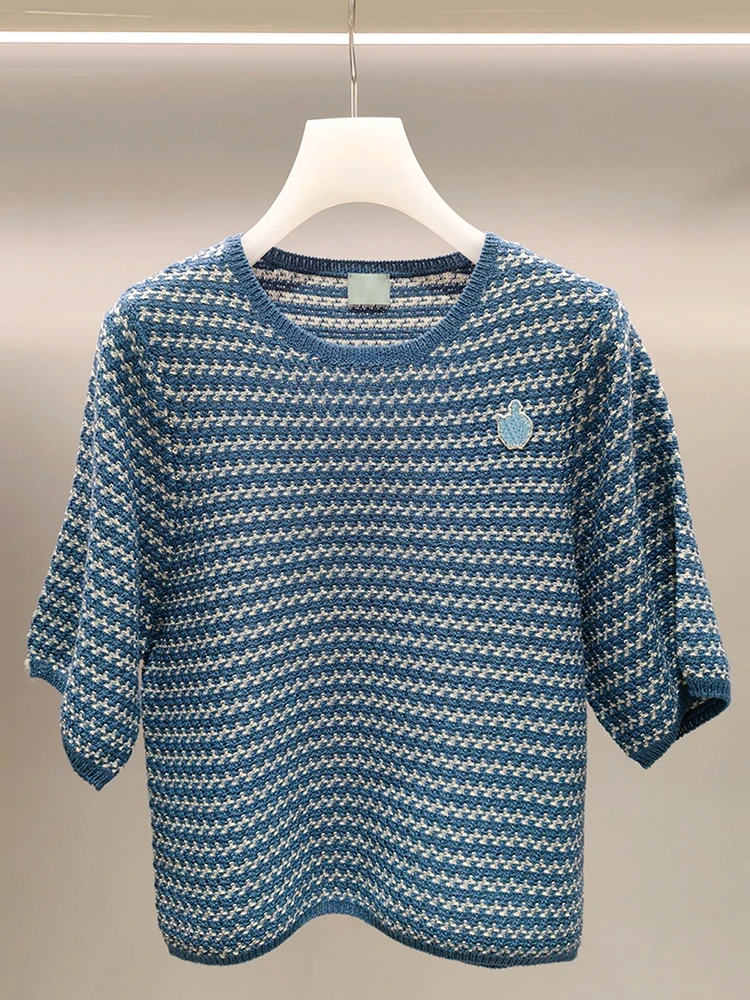 

Повседневная универсальная полосатая вязаная футболка с вышивкой, женская летняя футболка премиум-класса, Новое поступление, для поездок на работу, стандартный крой ort Sve