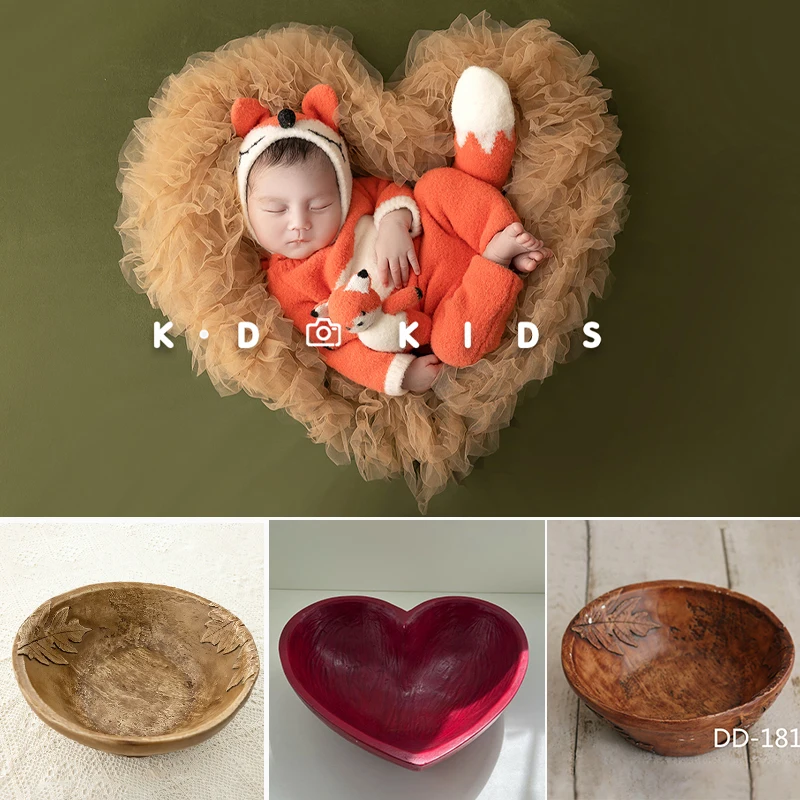

Newborn Photography Props Vintage Wooden Basin 35*35*13cm Heart Shape Box Full-moon Photo Posing Shooting Accessories Bed Basket