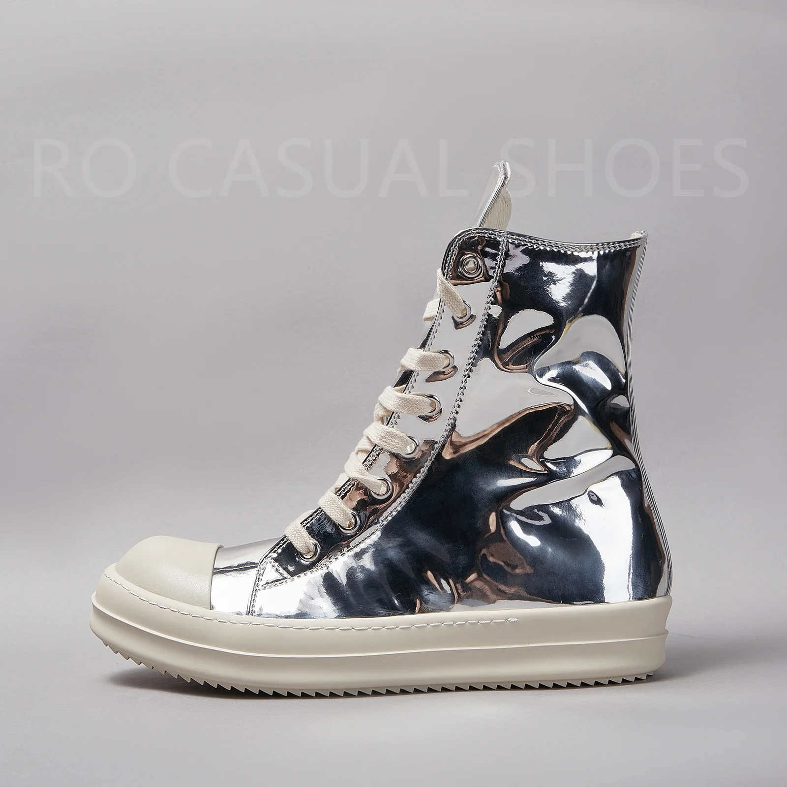 

Ricks Genious Silver Leather High Top Owens Quality Men Shoe Women Sneaker Casual Lace Up Zipper Owens Design boots & Shoes