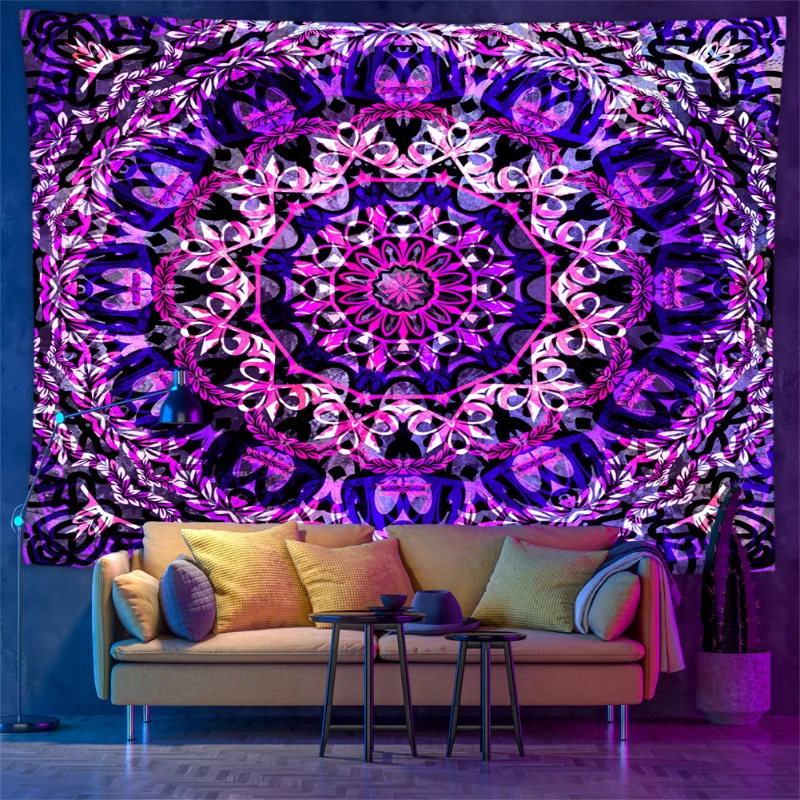 VIKAMA Blacklight Mandala Tapestry UV Reactive Bohemian Psychedelic Print Wall Hanging Trippy Room Party Home Decor