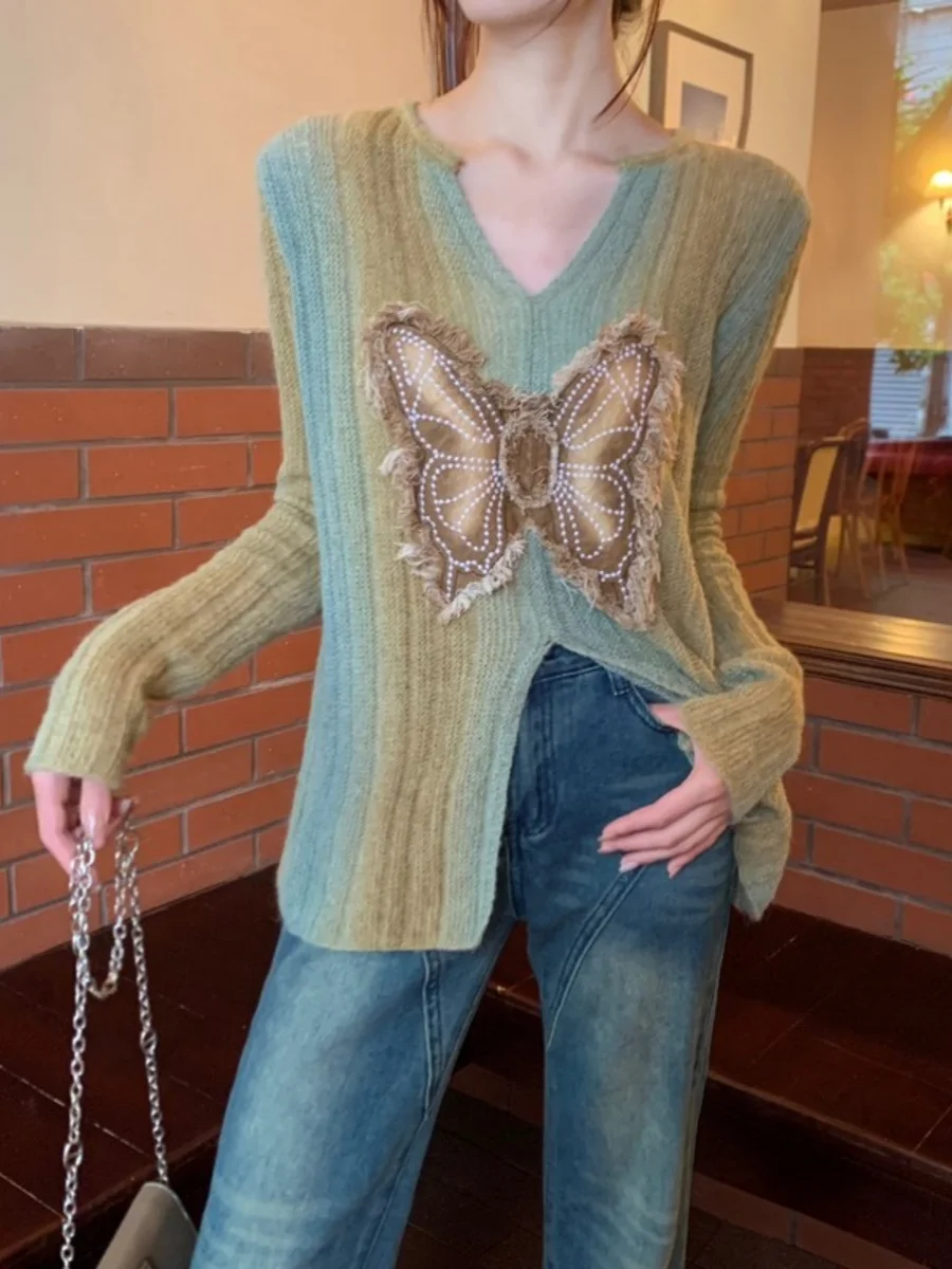 

Женский вязаный топ больших размеров с V-образным вырезом и разрезом, осенний дизайн, с градиентными вставками, длинный рукав, в корейском стиле, для повседневной носки