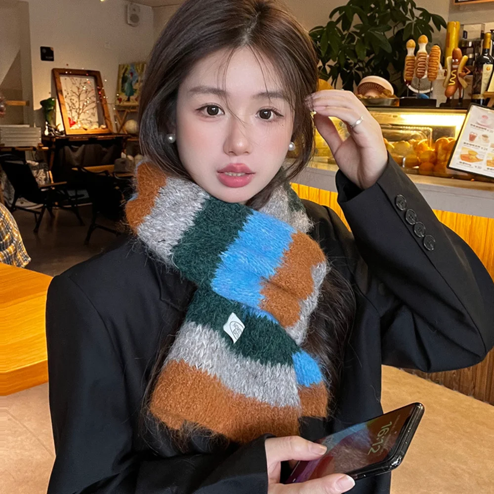 Striped Contrast Color Scarf With Wool Knitted Autumn and Winter Warm Versatile Woolen Scarf Neck Warmer Neckerchief Versatile