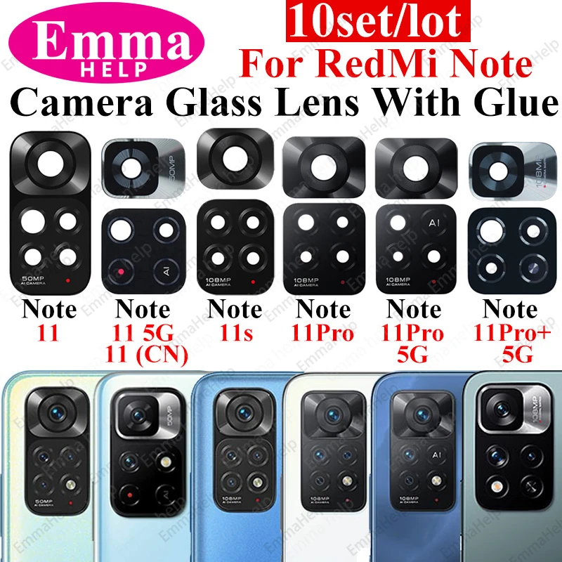 EmmaHelp10Pcs Lente de cámara trasera de cristal para Xiaomi Redmi Note 11 11S 11T 10 10S 9 9S 8 7 Pro trasera con pegamento