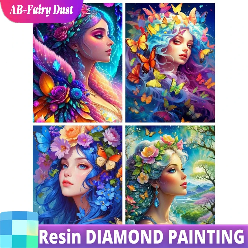 Resin Fairy Dust AB Full Diamond Painting Portrait Diy Mosaic Flower Gift Kit 5d Embroidery Butterfly Collection Art Wall Decor