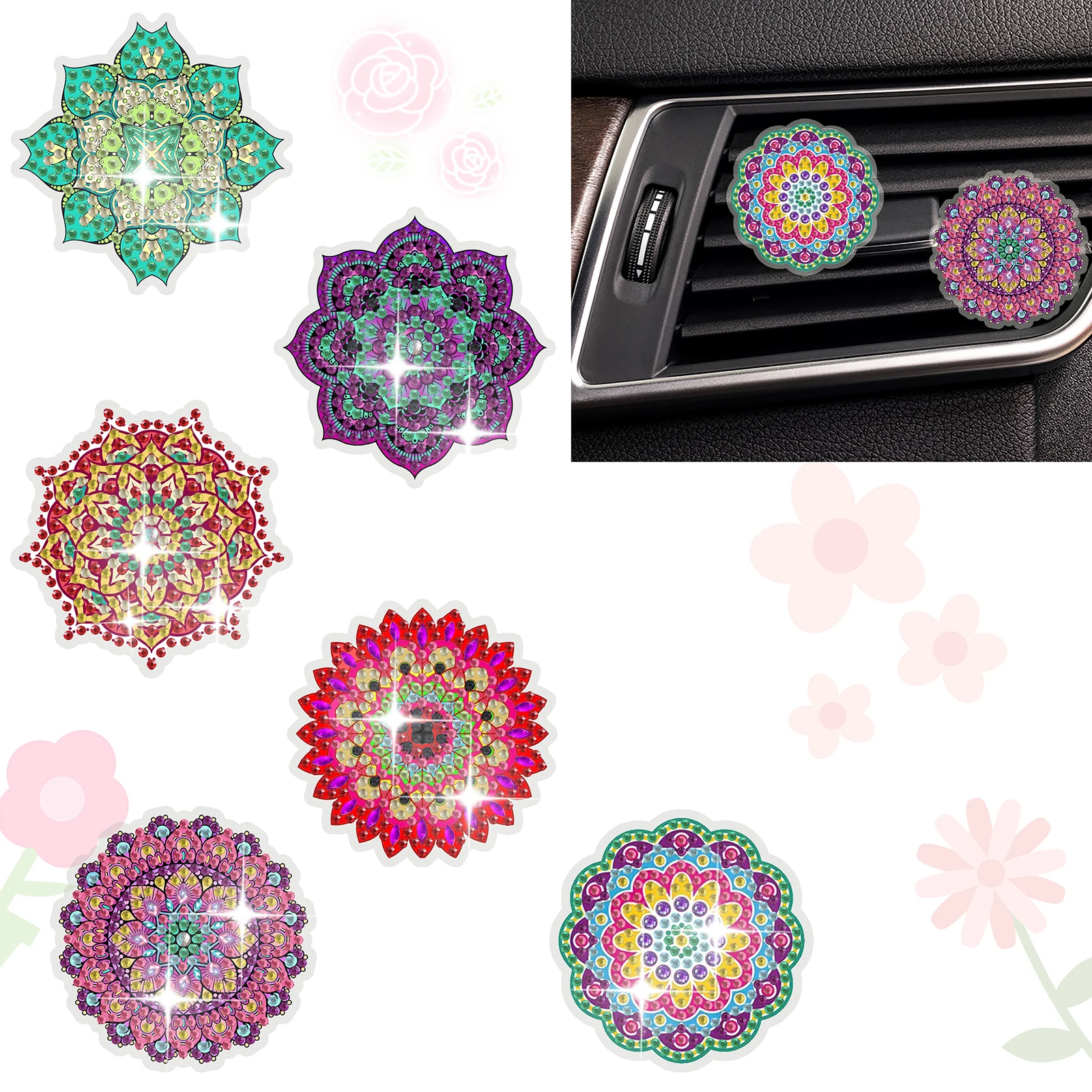 6pcs/set DIY with Mandala Pattern Diamond Painting Nouveaute 2024 Automotive Decoration Car Air Conditioning Outlet Decor Gift