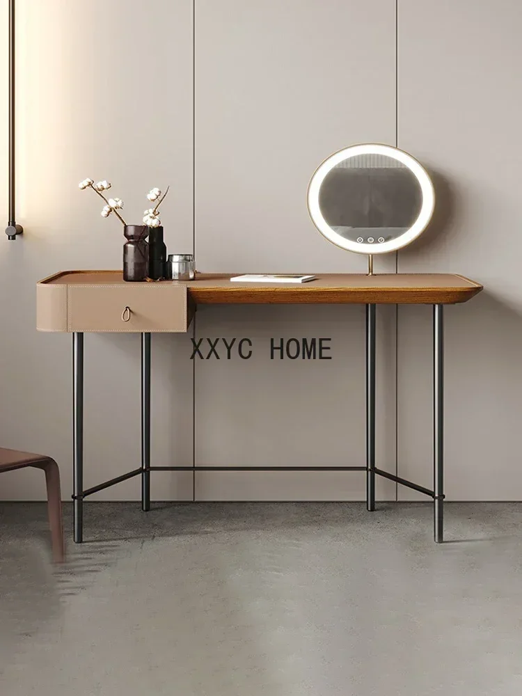 Italian Minimalist Saddle Leather Dresser Modern Light Luxury Stainless Steel Creative Dresser with Makeup Mirror