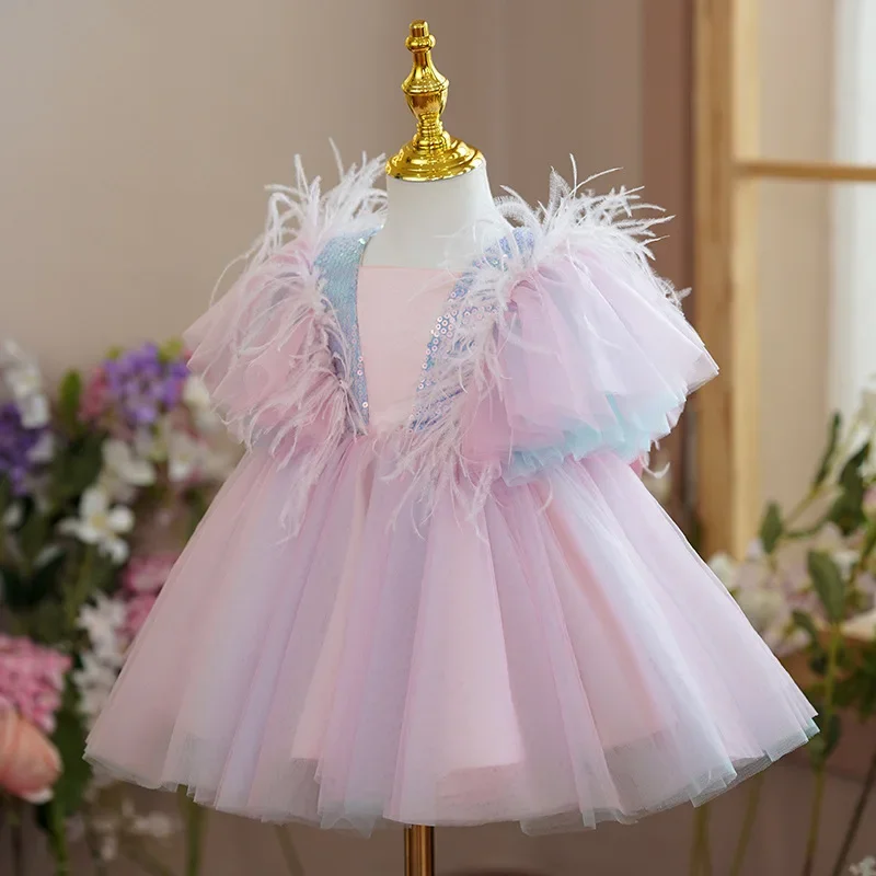 Girls Christmas Dress For Kids Wedding Evening Party Bridesmaid Sequin Lace Feather Dress Prom Gown Children Princess Costume